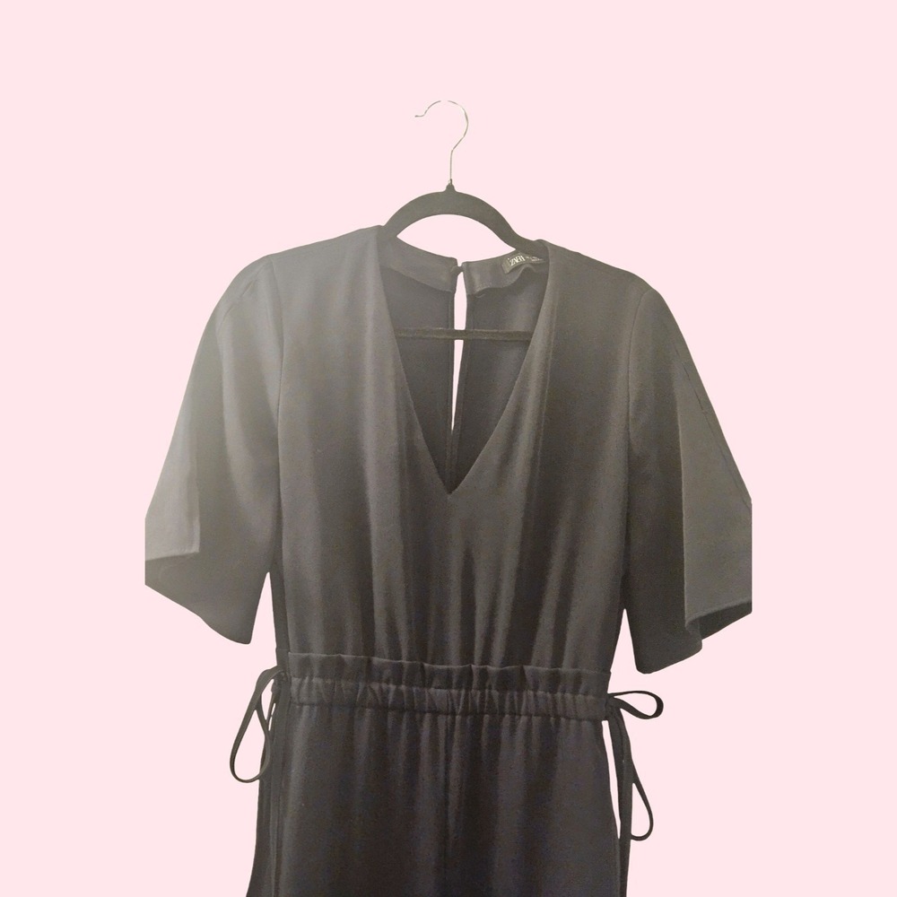 Zara Black Short Sleeve Open Back V-Neck Drawstring Waist Wide Leg Jumpsuit L - Picture 7 of 8